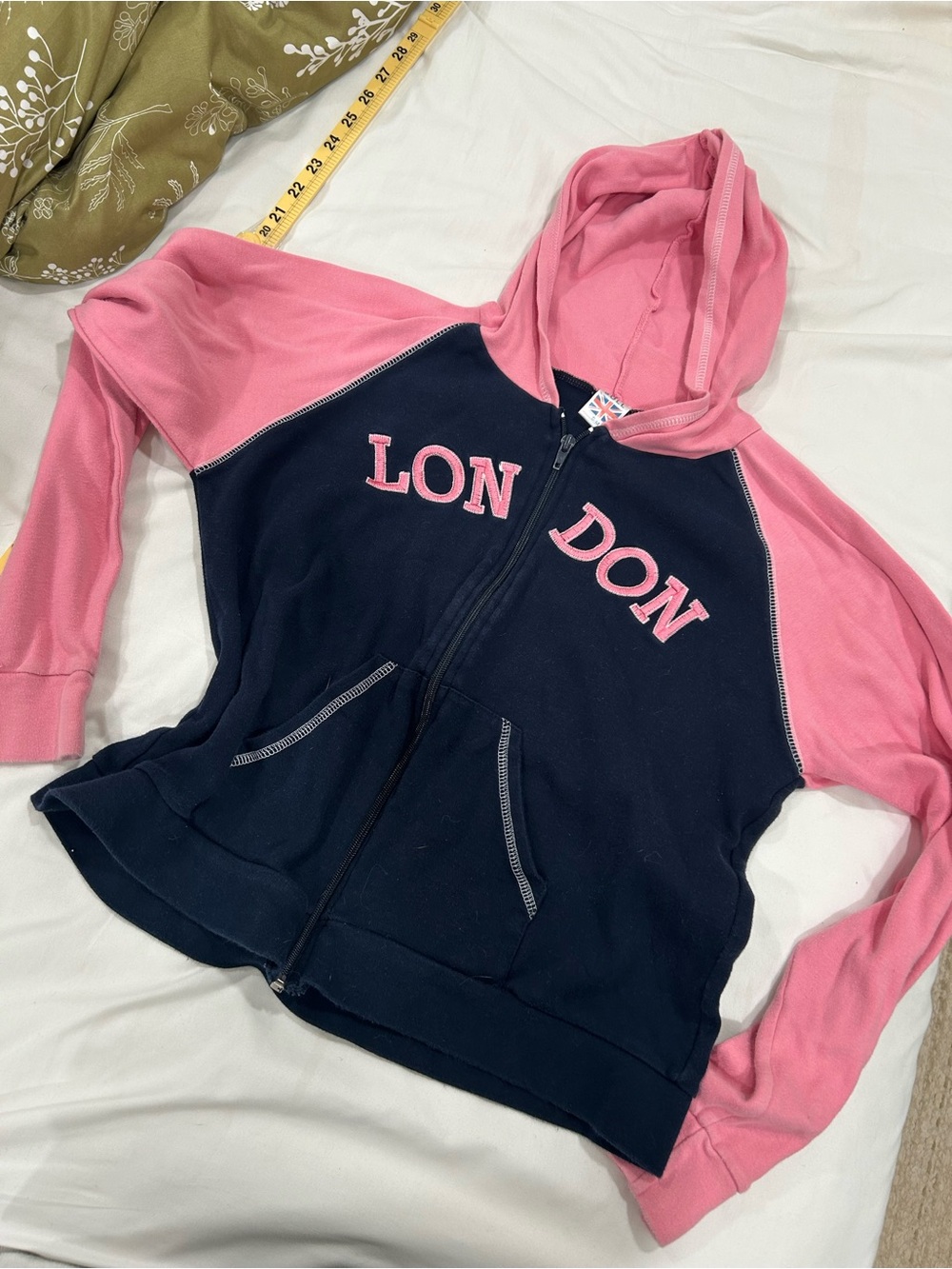 London Zip Up Hoodie Small Pink Navy Colorblock Sweatshirt Casual